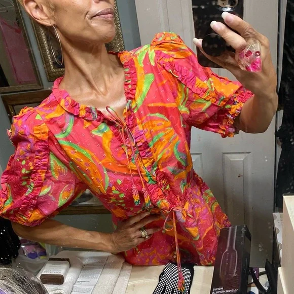 Farm Rio Fruit brush mini dress puff sleeves M L ruffles fringe organic cotton - Picture 3 of 11